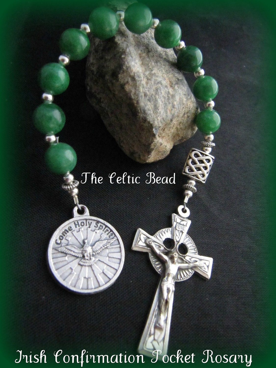 Celtic Irish Confirmation Green Gemstone Pocket Rosary with Holy Spirit Charm