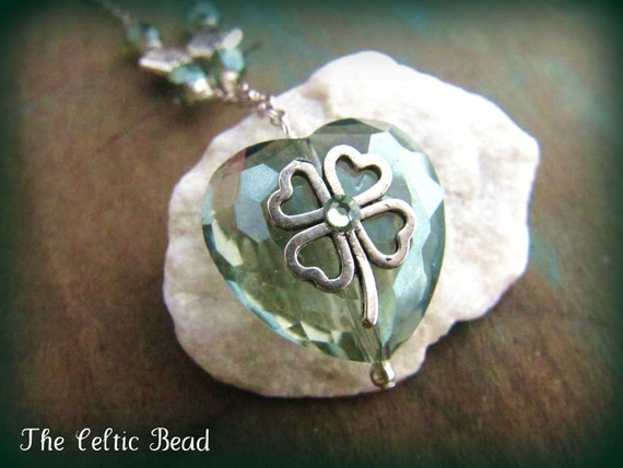 Gorgeous Celtic Irish Green Large Crystal Heart and Silver Shamrock Necklace