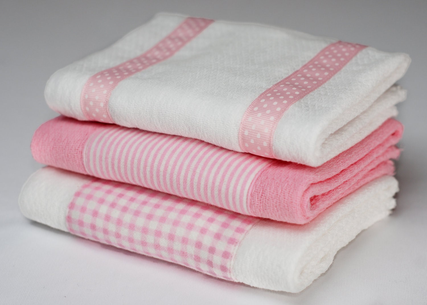 Baby Burp Cloths - Pink Gingham and Stripe Set of 3 - READY TO SHIP