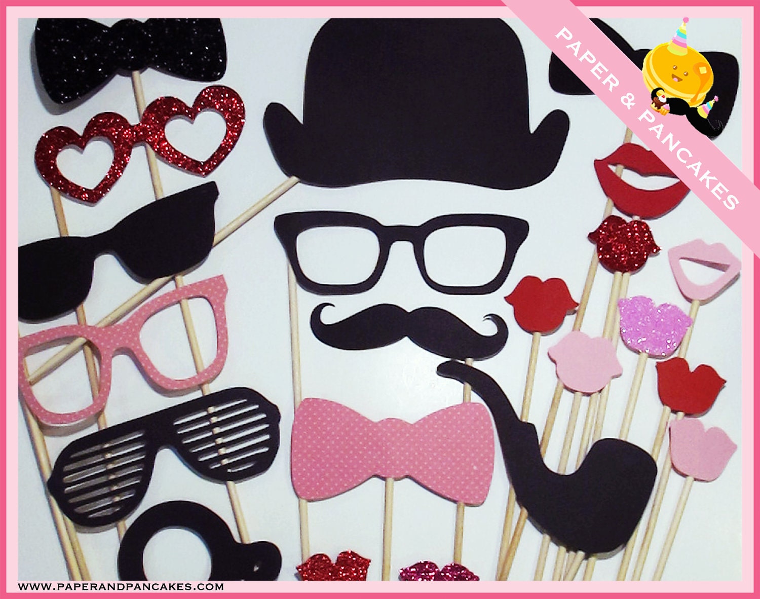 Photobooth Props - 32 Piece Set - ULTIMATE HIS & HER Photo Party Glitter Props On a Stick - Wedding / Birthday Photo Booth