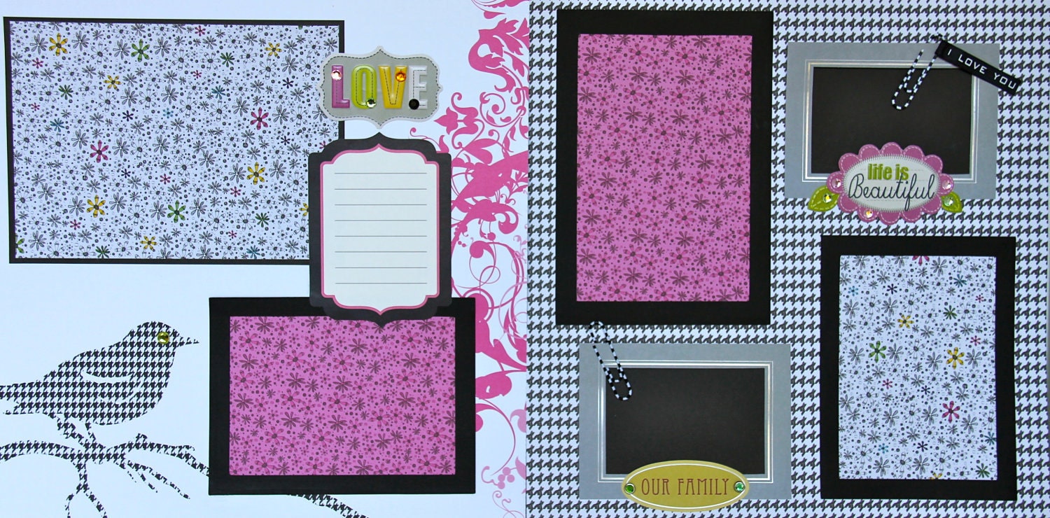 Scrapbook Premade Pages 12 x12 Double Page Layout Family Life is Beautiful Pink and Black