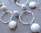 Bride Wedding Necklace, White Coin Pearl, Modern Bridal, Sterling Silver Hammered Hoop, Elegant Bridesmaid Gifts, June Birthday Jewelry