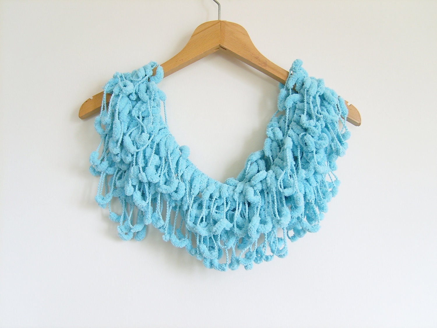 FREE SHIPPING, Crochet Scarf / Blue Mullbery Ponpon / Extra Long Handmade in Turkey / Ponpon Shawl