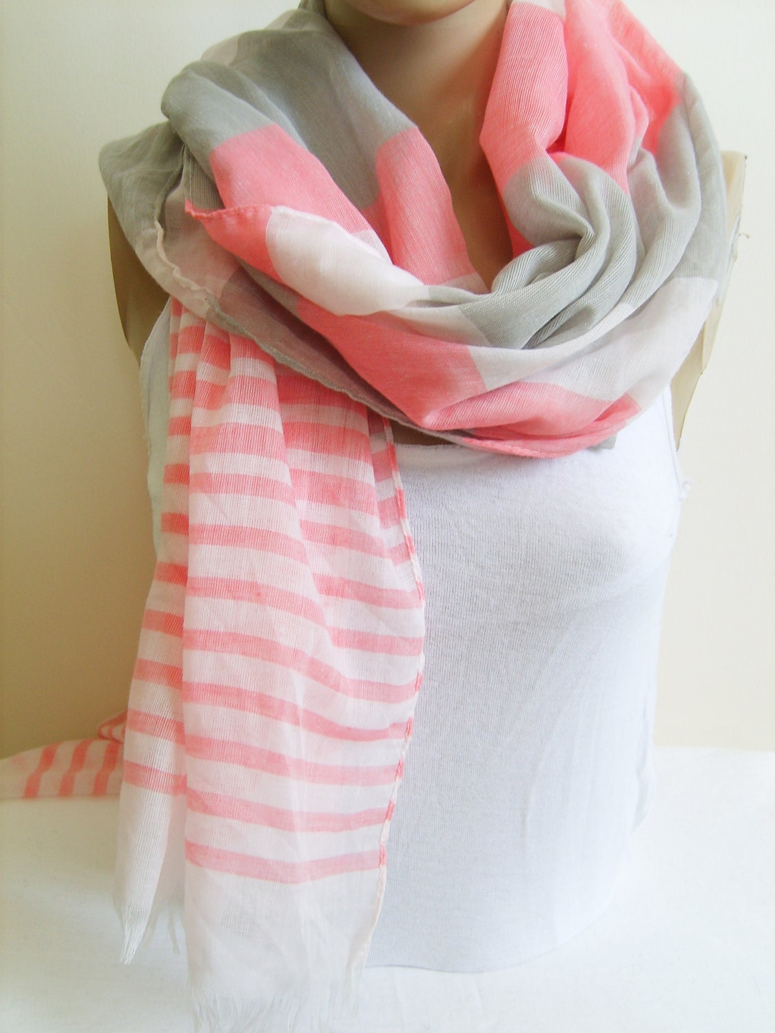 FREE SHIPPING, Pink Striped Scarf / High Fashion Shawl / Spring 2012 Fashion Pashmina / Pink - Gray -White / Lightweight, Summer Scarf