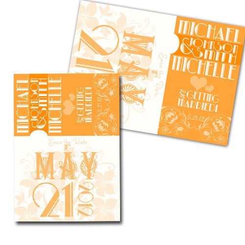 Modern Wedding Save The Date postcard, 5x7, orange, customizable, printable, digital