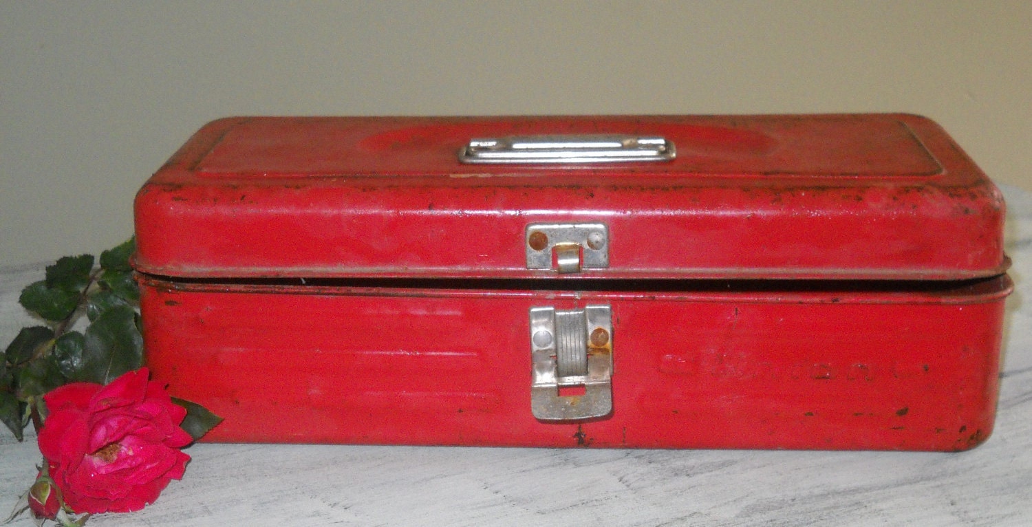 VIntage Tool Box Union Metal Tool box Red by SouthernBarnDesigns