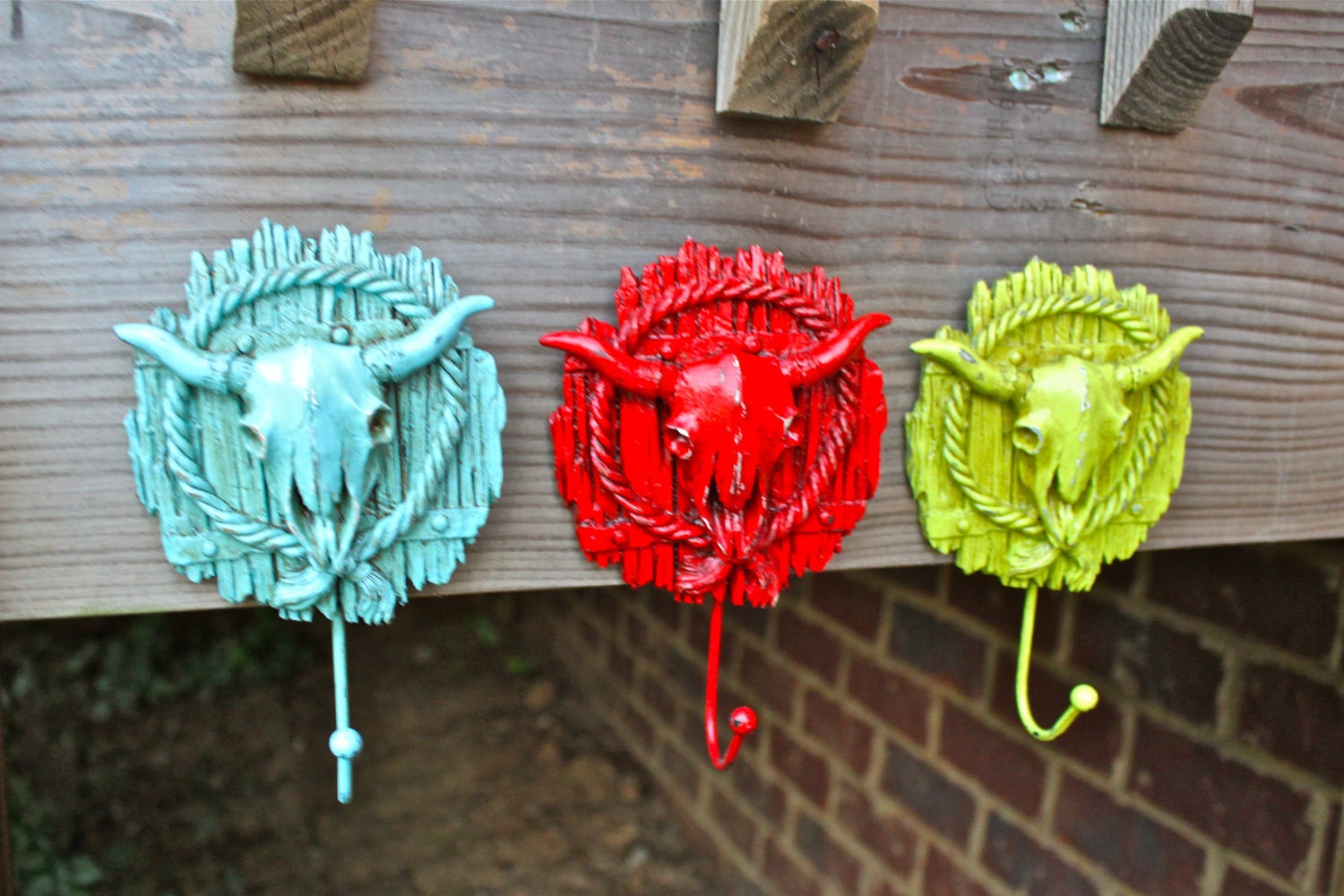 Set of three Wall Hooks /Wall Mount Skull /Longhorn Cow /Distressed /Boys room /Game room Decor
