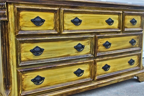 Yellow Vintage Dresser/ Buffet/ Bedroom Furniture/ Black Drawer Pulls/ TV Stand/ Storage/ Dining Room Furniture/ Distressed