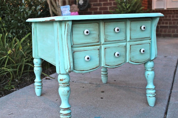 Aquamarine Vintage Nightstand /Distressed Bedroom Furniture /Side, End Table /Tv Stand /Storage