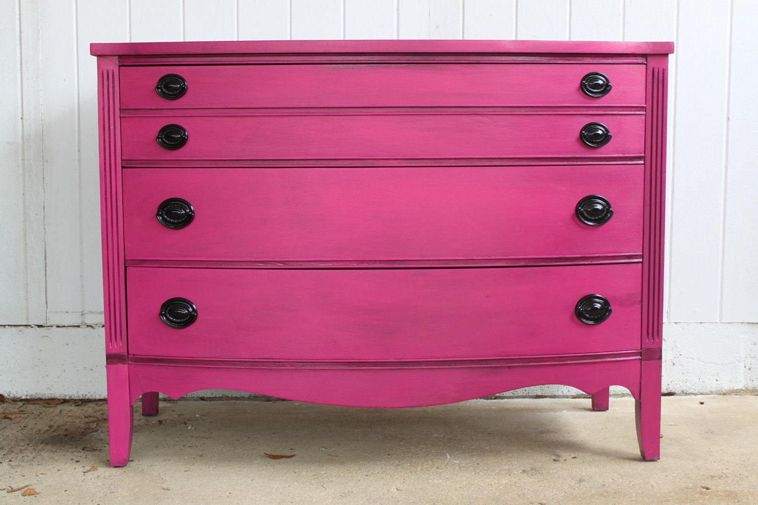 Pink Vintage Dresser with Mirror /Girl Bedroom Decor /Magenta /Black Drawer Pulls /Storage /Antique Painted Bright Furniture /