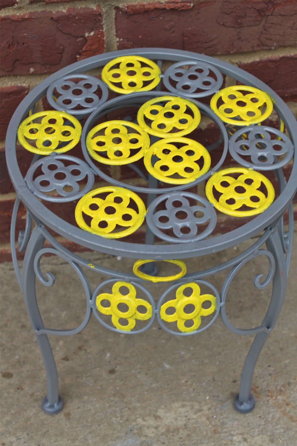 Plant Stand Grey/ Yellow/ Grey / Flower / Patio Decor / Plant / Ornate / Hand Painted