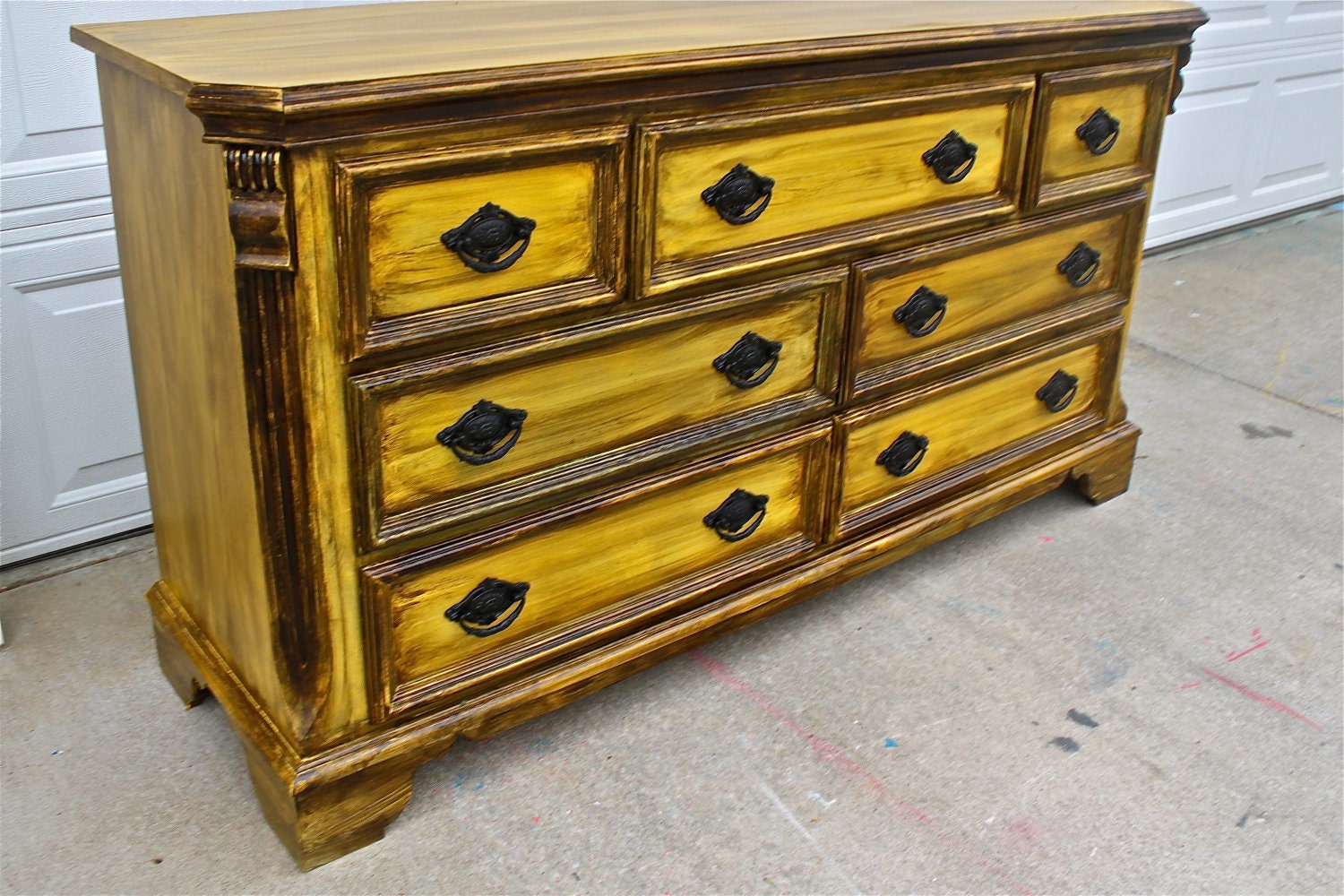 Yellow Vintage Dresser/ Buffet/ Bedroom Furniture/ Black Drawer Pulls/ TV Stand/ Storage/ Dining Room Furniture/ Distressed