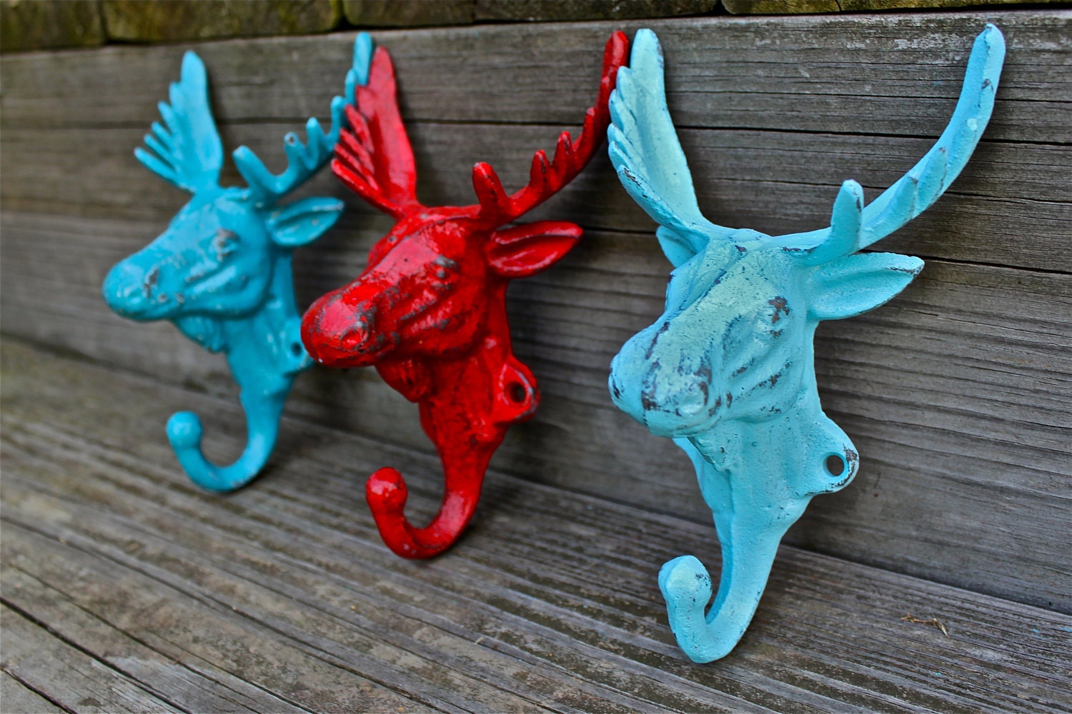 Set of 3 Bright "Moose Head" cast iron Wall Hook: YOU PICK the COLORS/ Shabby Chic/  Lodge, Cabin Decor/ Key Hanger, Coat Rack, Towel Holder