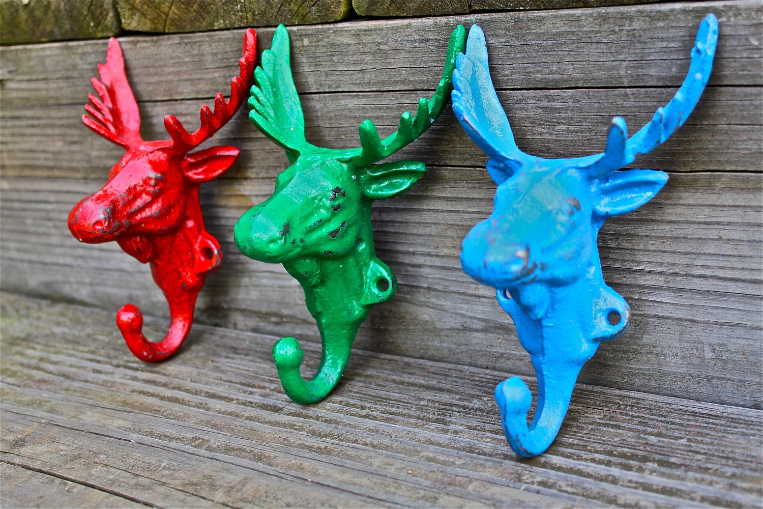 Set of 3 Bright "Moose Head" cast iron Wall Hook: YOU PICK the COLORS/ Shabby Chic/  Lodge, Cabin Decor/ Key Hanger, Coat Rack, Towel Holder