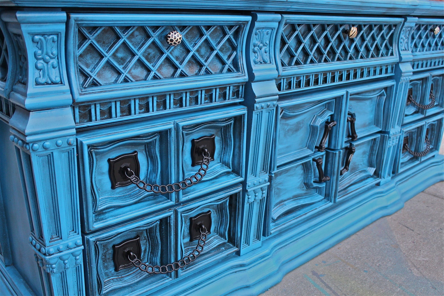 Cobalt Blue Vintage Buffet /Dresser/ Bedroom Furniture/ Black Drawer Pulls/ TV Stand/ Storage