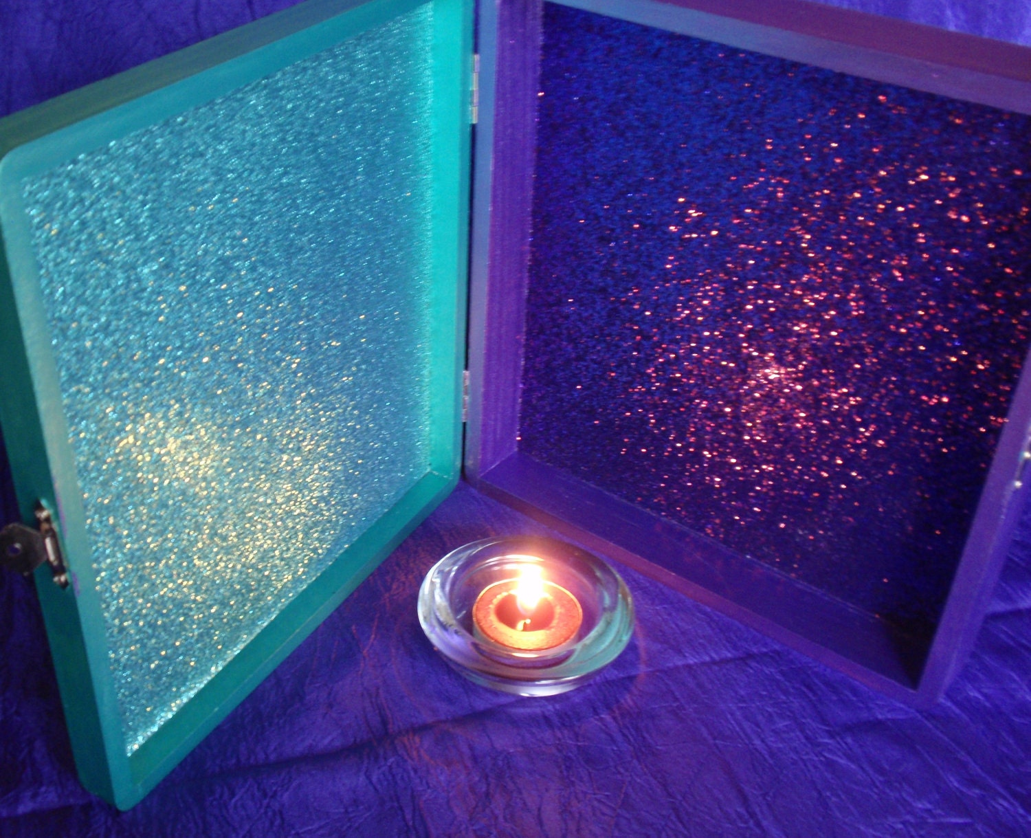 Custom Abstract Light And Color Art Shrine Altar Box Sculpture, Mixed Media Painted Wood WIth Glitter Paper In Your Choice Of Colors