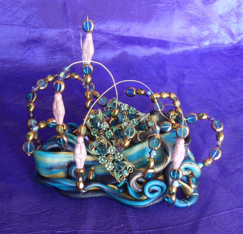 Treasure Of The Nereids Mixed Media Sculpture Small Blue And Gold With Wire, Polymer Clay, Metal Beads, and Czech Glass Goddess Beads