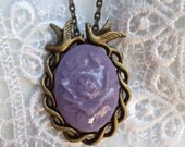 Rose cameo necklace, lavender rose cameo in bronze oval cabochon setting with Czech flower beads
