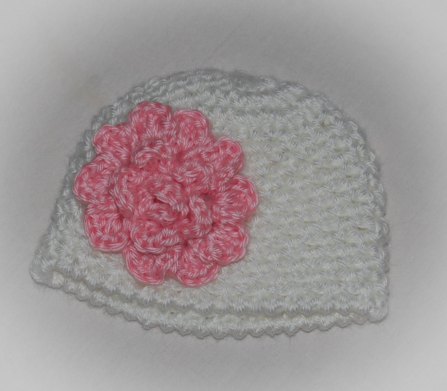 Ready to Ship, Crocheted Baby Hat, Spring 'Straw Weave' Beanie, newborn, white with pink flower, Easter, Dedication, Christening, Baptism