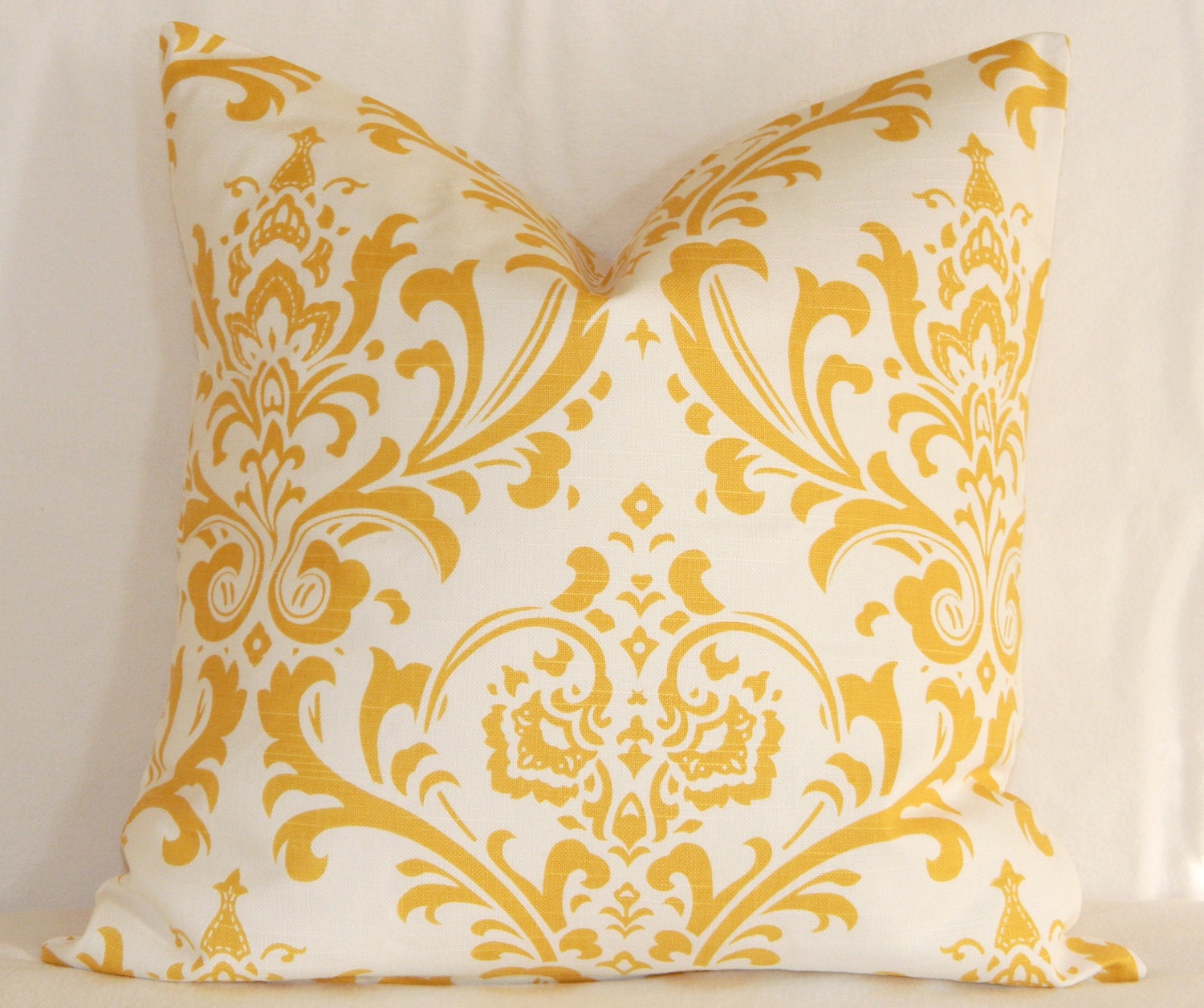 Pillow Cover - 16" x 16" Pillow Cover: White and Yellow Traditional Damask Accent Pillow Cover Throw Pillow Cover