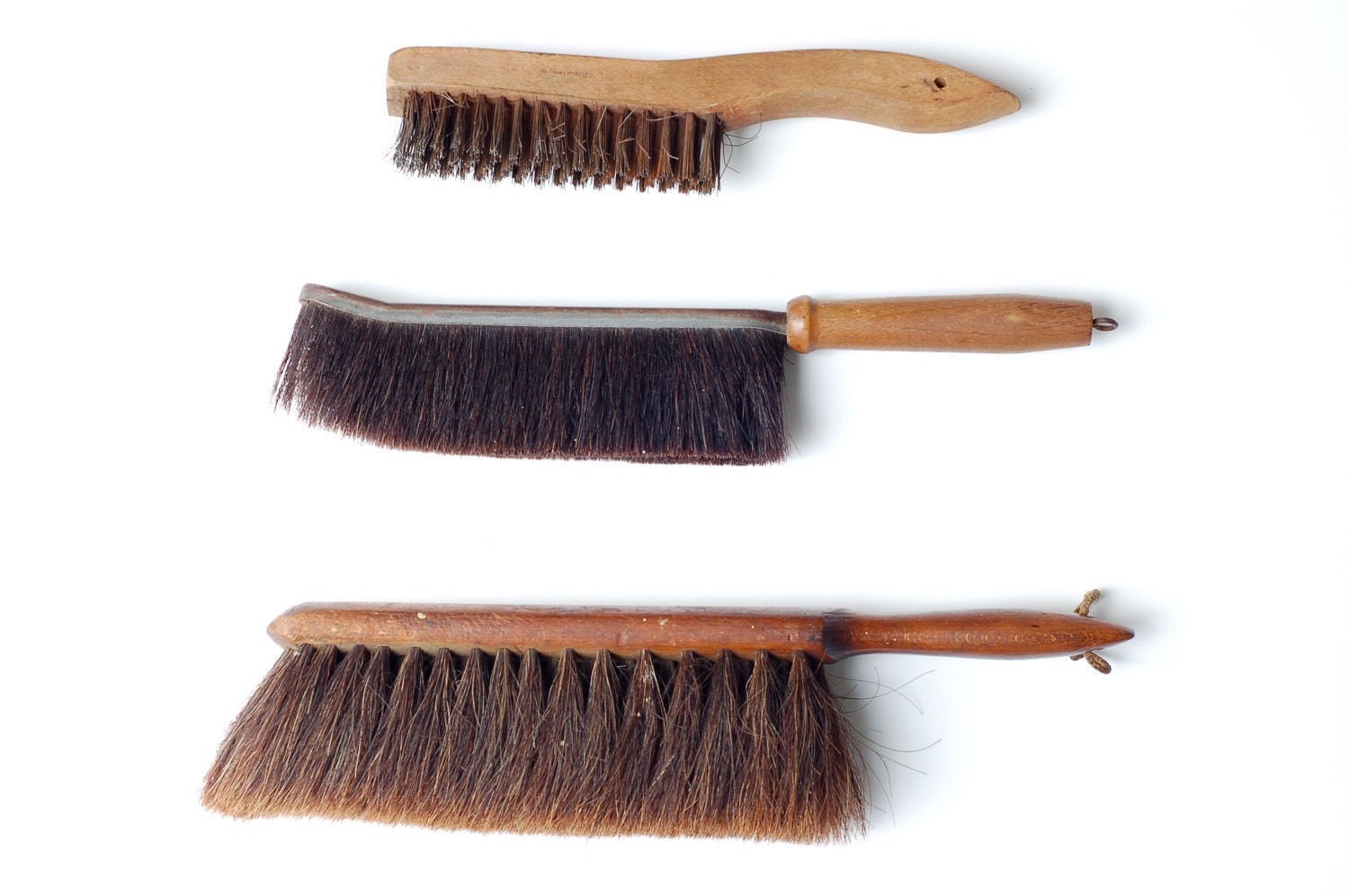 Rustic Set of Three Large Hand Brushes with Wood Handles
