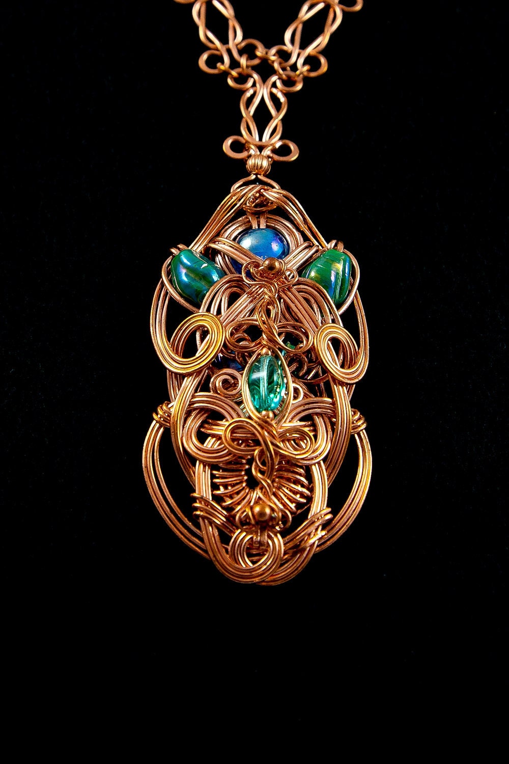 Bright Copper Wire Necklace With Turquoise and Teal Glass Beads