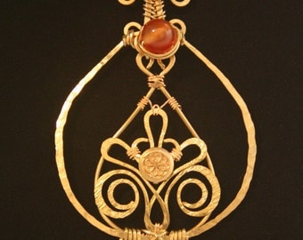 Brass Wire-wrapped Necklace With Carnelian Beads