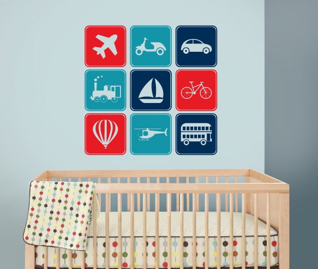 Transportation , signs, Planes, trains, Cars - baby boy Nursery Wall Vinyl
