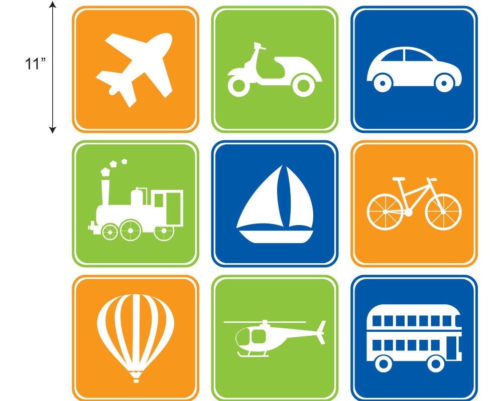 Transportation , signs, Planes, trains, Cars - baby boy Nursery Wall Vinyl