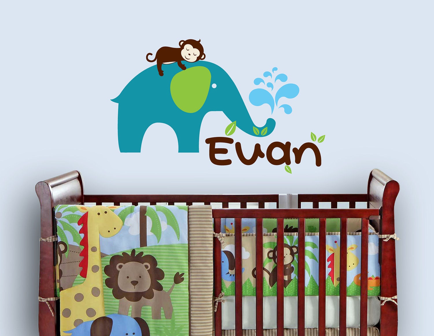 Monkey and Elephant Monogram Nursery Wall Vinyl
