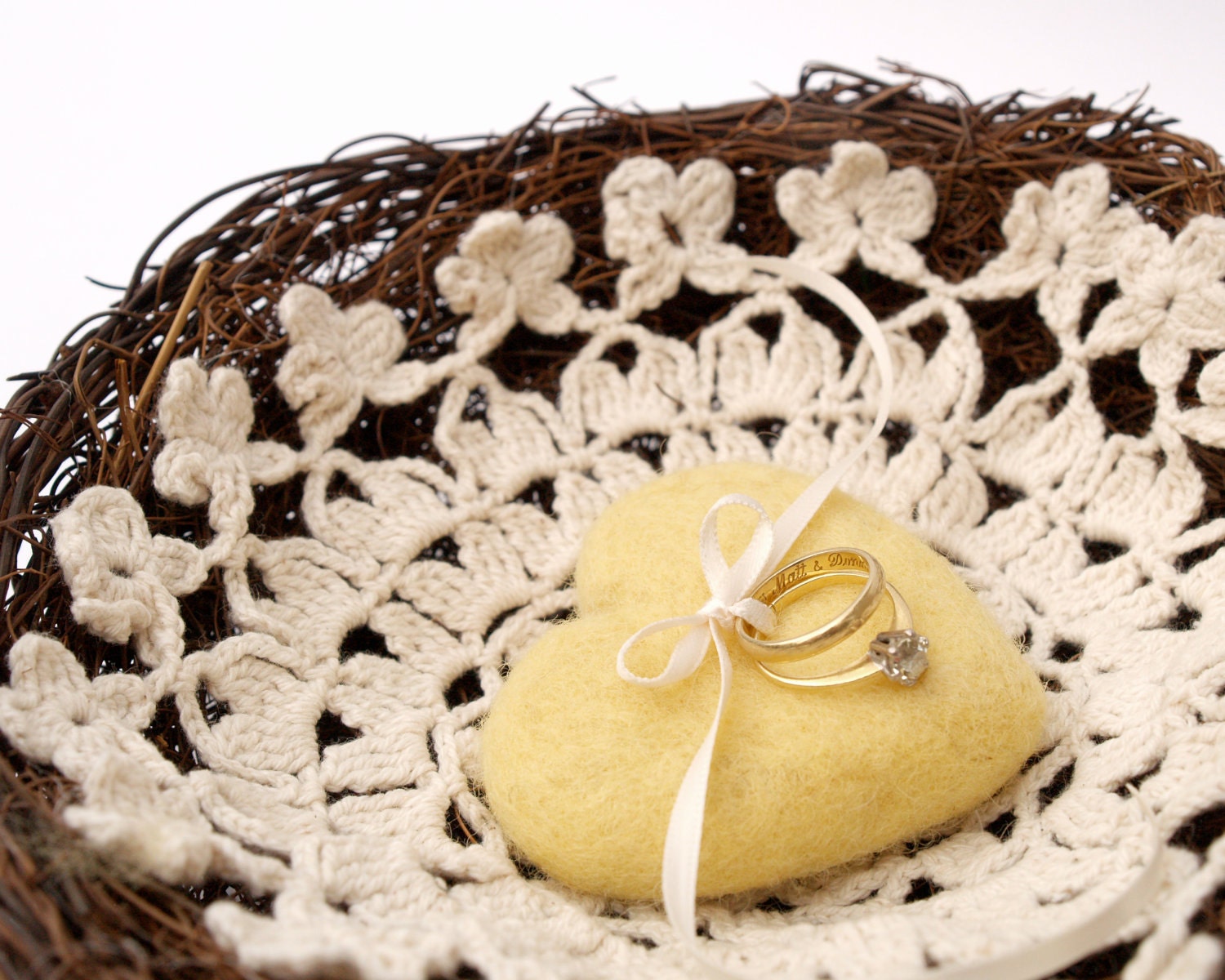 Yellow Ring Basket Nest for your Rustic Wedding, Woodland Pillow with Crochet Base, Lovely Needle Felted Heart, Fairytale Romantic Country