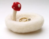 White Ring Pillow, Needle Felted with a delightful Red Toadstool, Woodland Fantasy Wedding, Rustic, Romantic