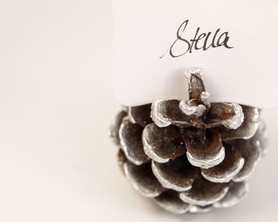 Silver Pine Cone Escort Cards, Woodland Wedding, 20 Name Place Seating Table Plan Rustic Country Theme Autumn Fall Winter Christmas White