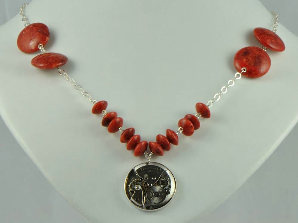 Red Coral Poem Necklace - Steampunk Collection