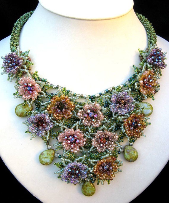Beaded flower necklace in purple, pink, orange and green