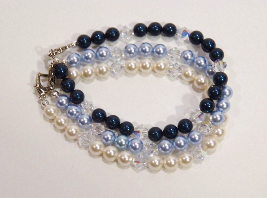 Set of Three - Blue and Cream Stackable Swarovski Pearl and Crystal Bracelets