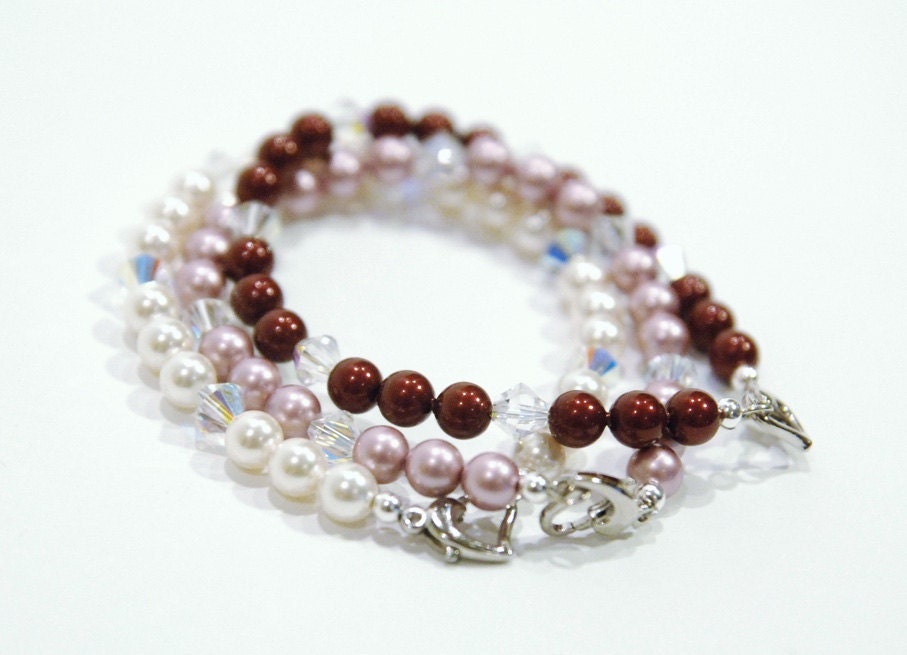 Set of Three - Bordeaux, Rose, and Cream Stackable Swarovski Pearl and Crystal Bracelets