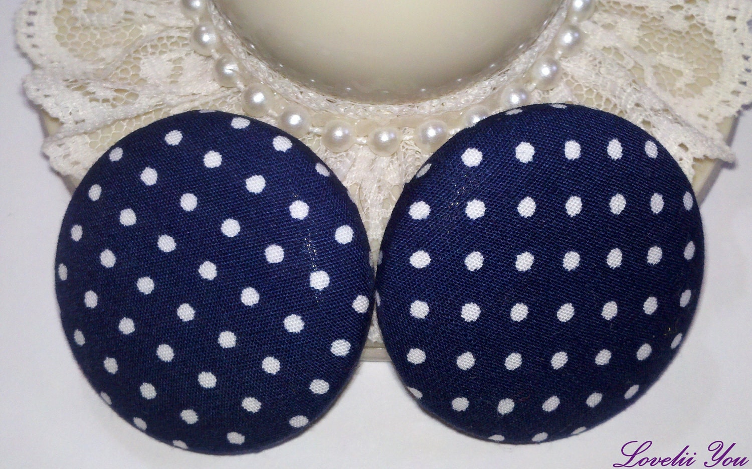 Oversize Button Earring- Blue Polka Dots