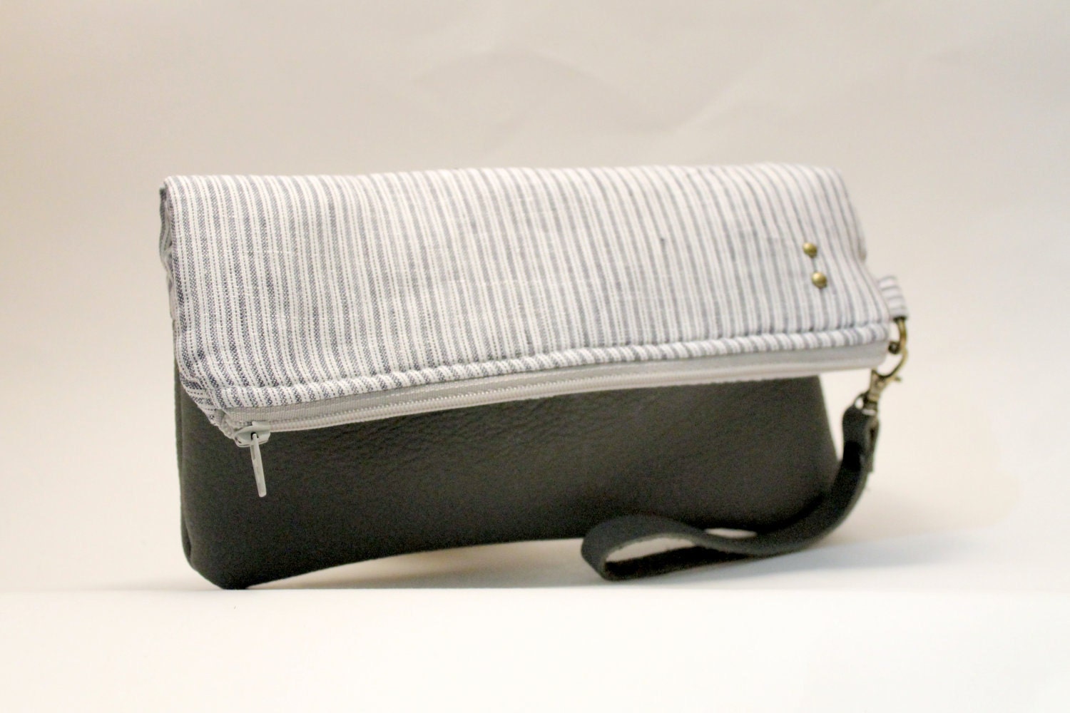 Linen and leather clutch purse, fold over style, wristlet.