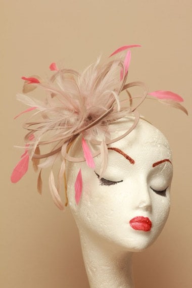 Nude Taupe and Coral Feather Fascinator Hat - wedding, ladies day - choose any colour feathers & satin