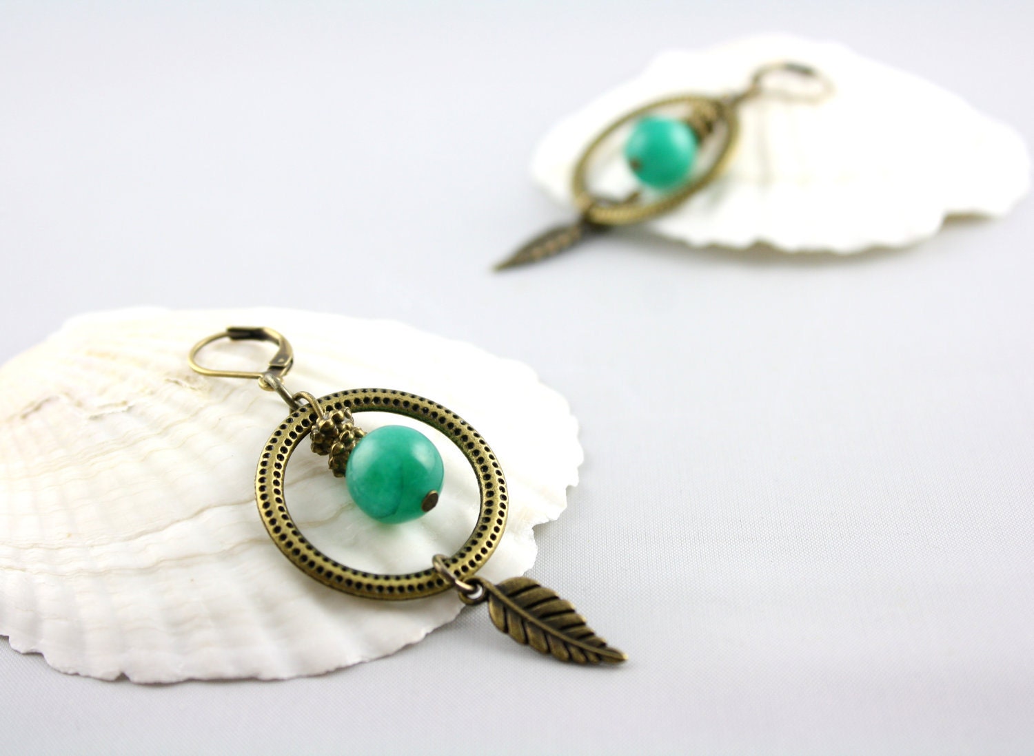 Green Jade Earrings - Antique Brass Hoop and Leaf Charm
