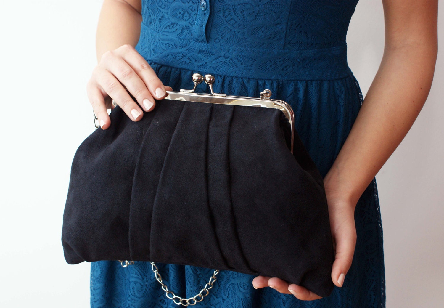 Purse frame bag - Black with swallows print cotton fabric