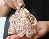 Coin purse with handmade crochet, pastel pink