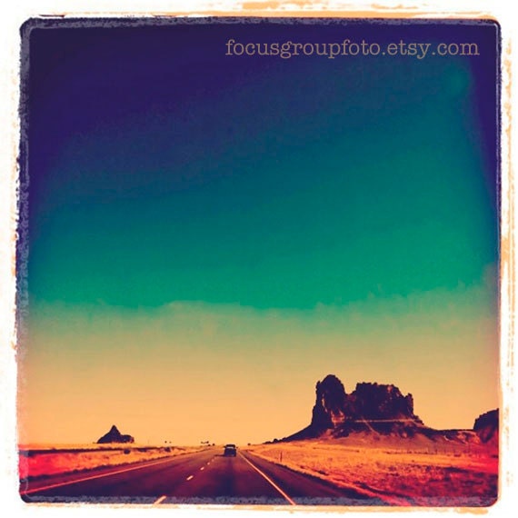 Desert Road Photograph, Southwest Retro Sky Vivid  Sky Blue Green Orange Brown, 5X5 Print by Alecs
