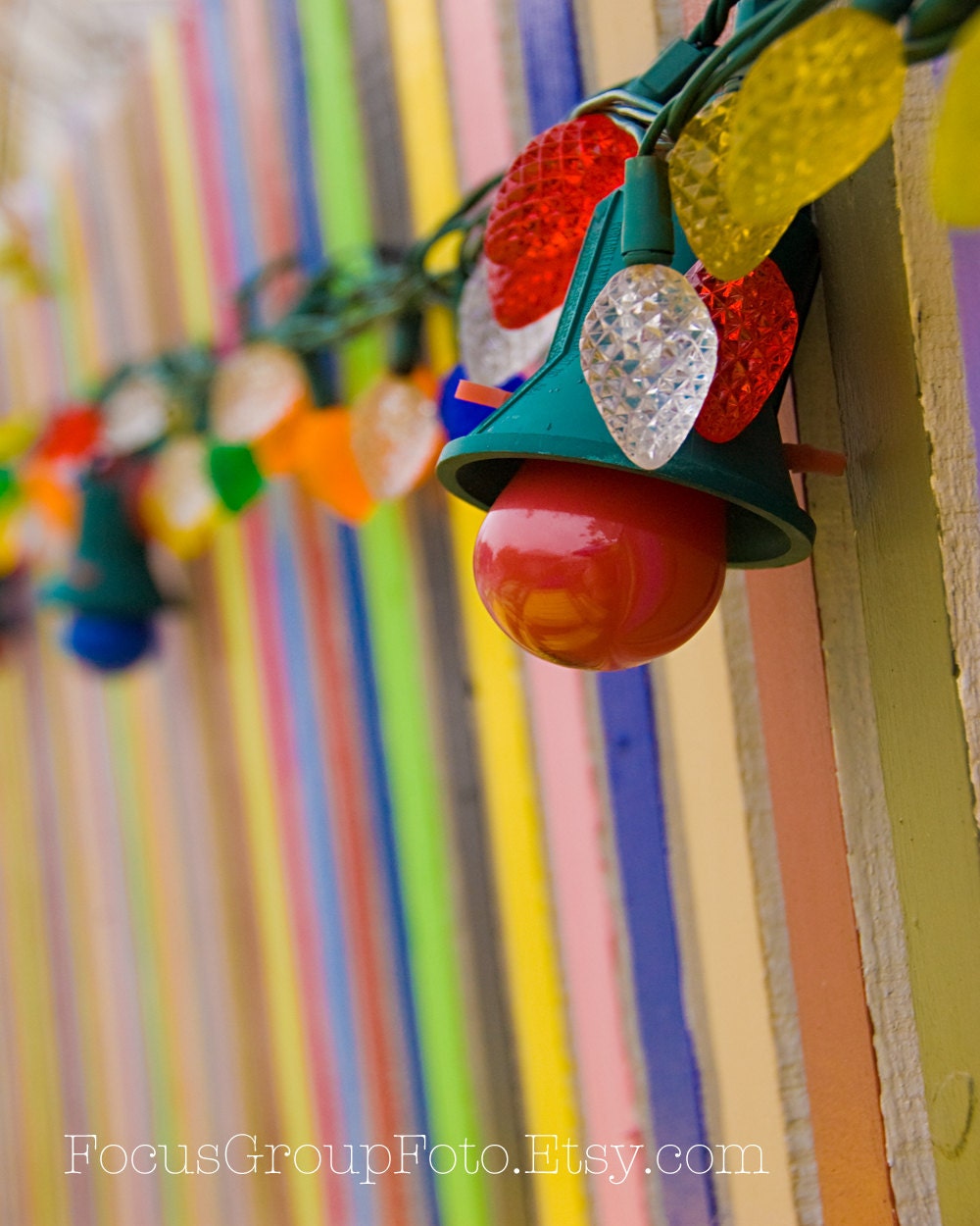 Patio String Lights Photograph Red Bright Multi Colored Painted Fence Party Festive Home Decor by Tabora