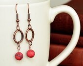 Copper Dangle Earrings with coral colored bead