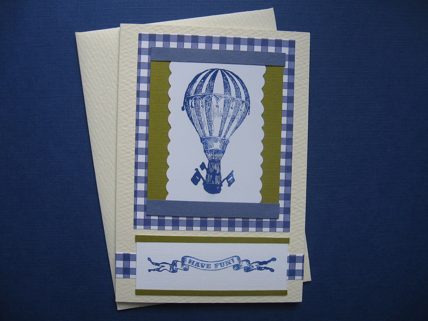 Blue Gingham Check Bon Voyage Vintage Hot Air Balloon Greeting Card, 3 1/2 x 4 7/8