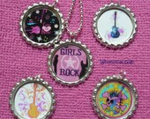 Girls Rock Theme Bottle Cap Necklace or Zipper Pull - Set 1