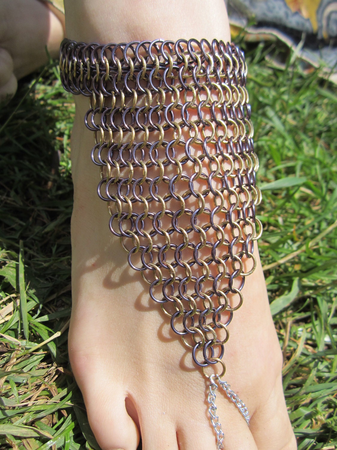 Light Purple Lilac Lavender and Gold Gypsy Chain Mail Foot Flower Slave Anklet