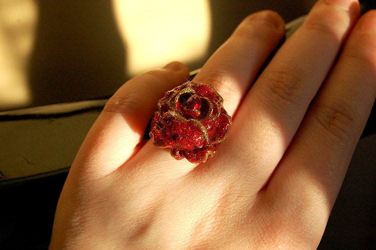 Beauty and the Beast Enchanted Rose inspired ring (CHILD SIZE sparkling red and gold version and Top Seller)